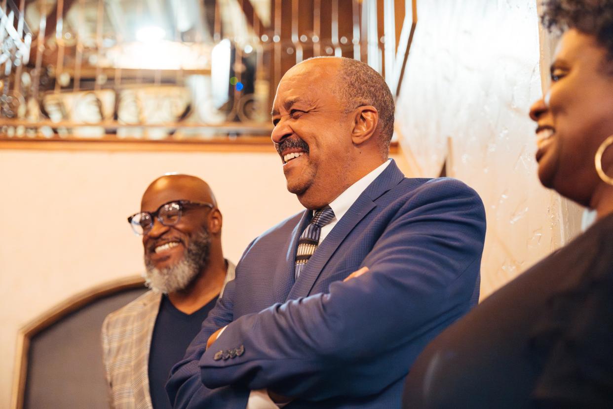 Pastor Samuel Casey, Dr. Rob Ross and Dina Walker attend a celebration of the IE Black Equity Fund, Nov. 3, 2023.