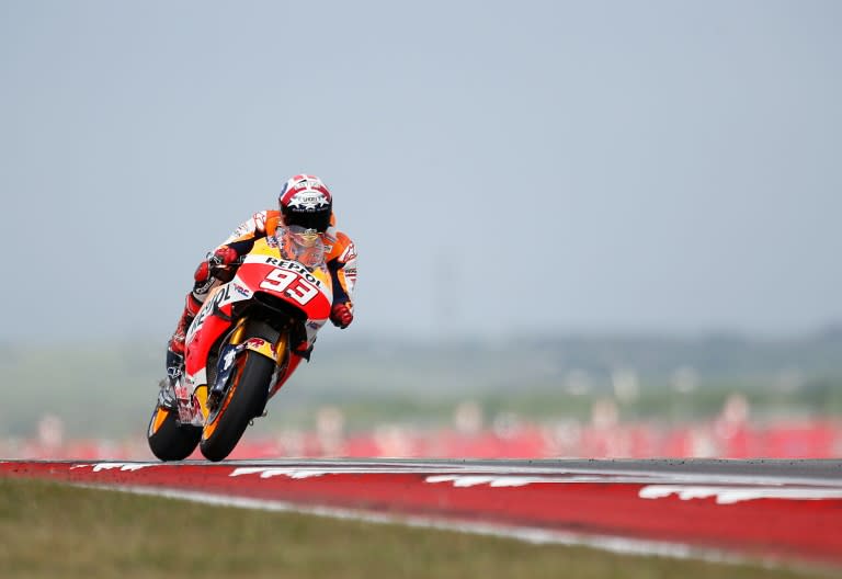 Spain's Marc Marquez in a practice round during the 2016 Grand Prix of the Americas Moto GP race at circuit of the Americas in Austin, Texas on April 9, 2016