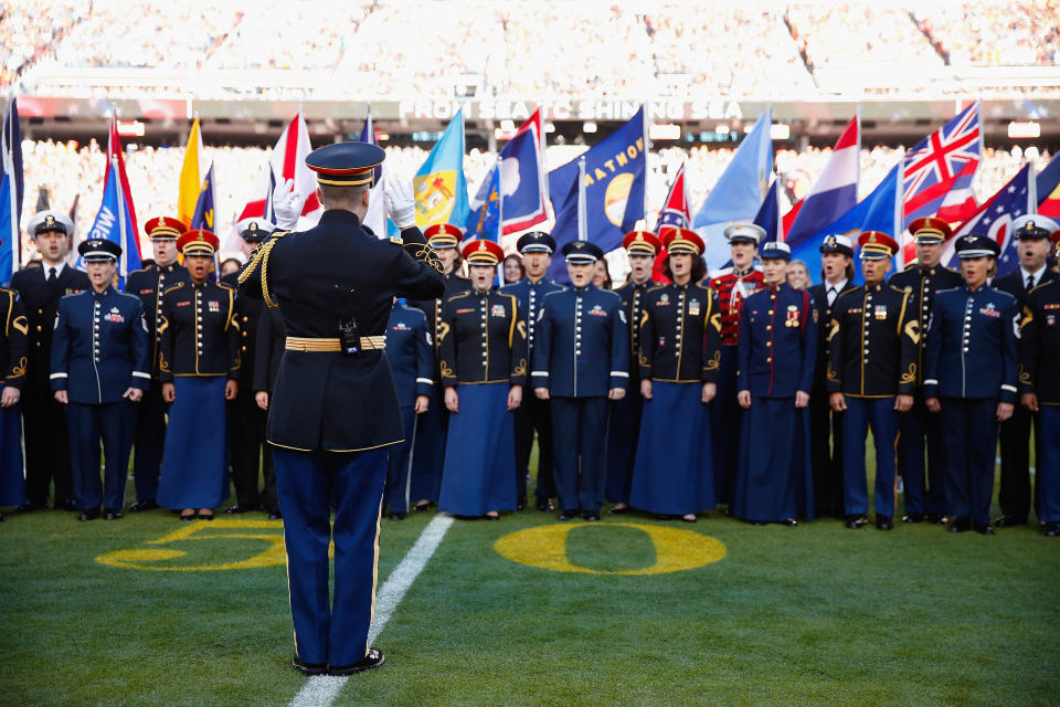 SANTA CLARA, CA - FEBRUARY 07: Military singers sing 'God Bless America' prior to the Denver Broncos taking on the Carolina Panthers during Super Bowl 50 at Levi's Stadium on February 7, 2016 in Santa Clara, California.  (Photo by Ezra Shaw/Getty Images)