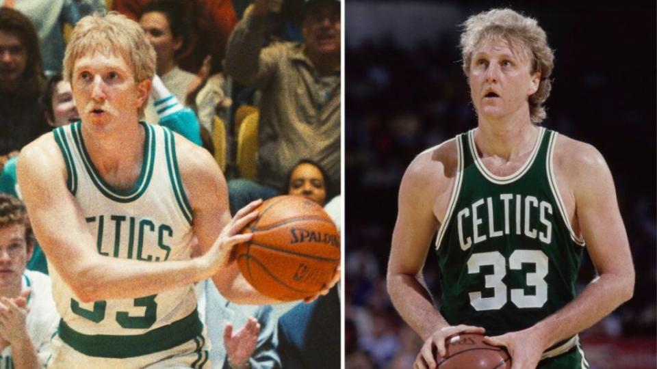 Sean Patrick Small as Larry Bird, and the real Larry Bird (Photo credit: HBO, Getty Images)