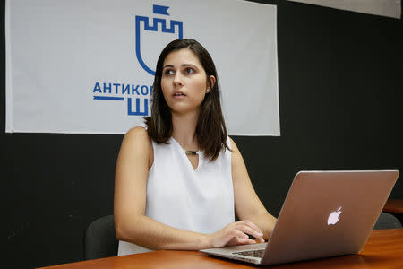 Halyna Yanchenko, head of the AntiCorruption Headquarter non-government organisation, works on a laptop at the organisation's office in Kiev, Ukraine, May 15, 2018. Picture taken May 15, 2018. REUTERS/Valentyn Ogirenko