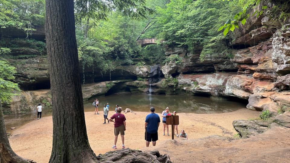 Visitors check out the selfie station located at Old Man's Cave at Hocking Hills State Park.