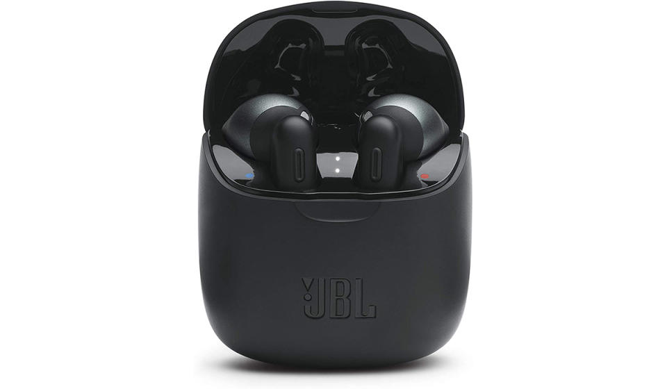 A pair of black JBL 225TWS wireless earbuds 