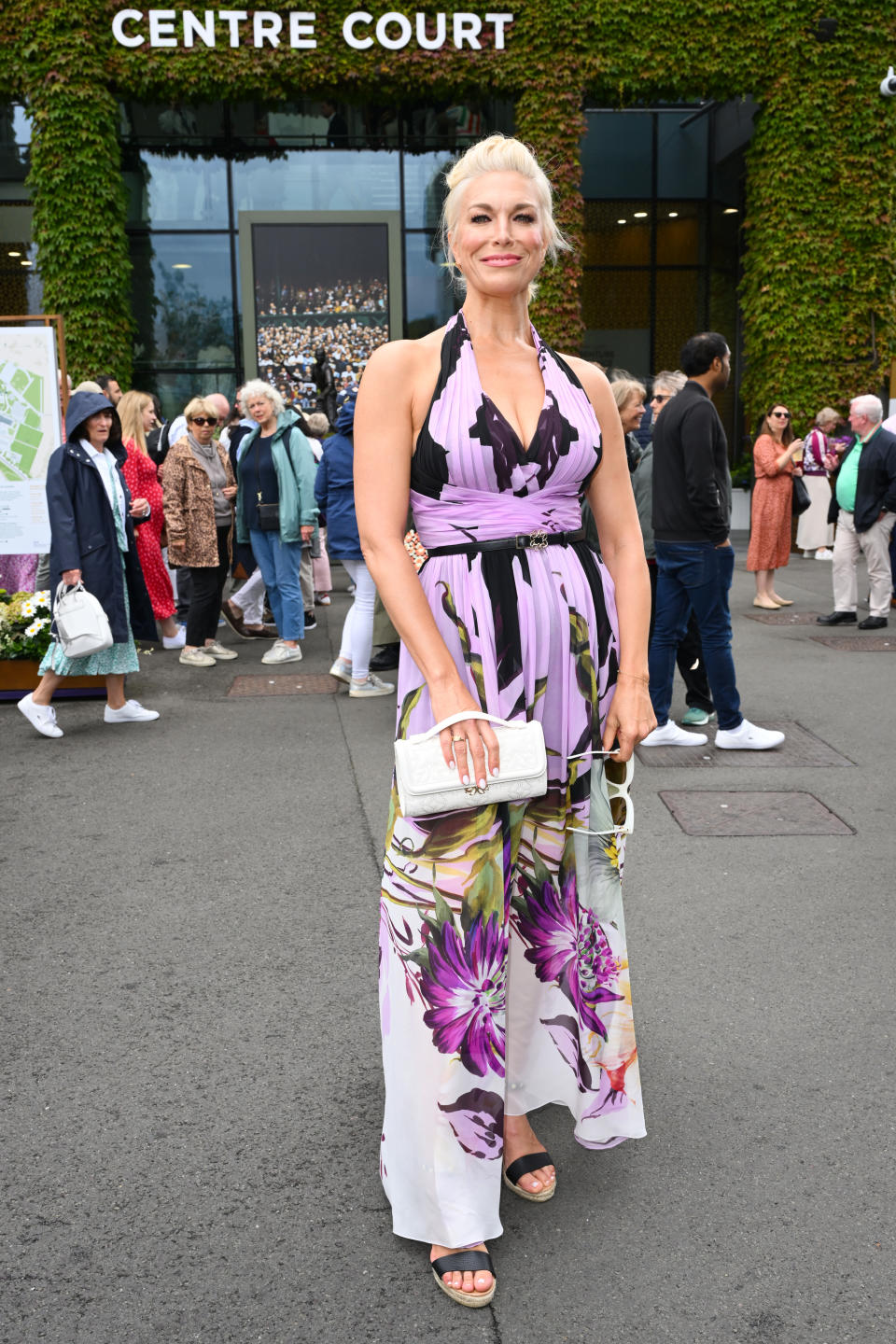 Hannah Waddingham attends day three of the Wimbledon Tennis Championships 2024 in black wedge sandals, wimbldeon shoes, elie saab dress, black leather sandals, platform shoes, platform wedge sandals 