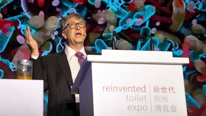 Mandatory Credit: Photo by Mark Schiefelbein/AP/REX/Shutterstock (9964639m)Bill Gates, former Microsoft CEO and co-founder of the Bill and Melinda Gates Foundation, speaks as a jar of human feces sits on a podium at the Reinvented Toilet Expo in Beijing, .