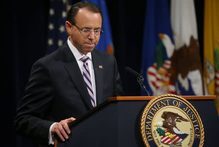 Deputy Attorney General Rod Rosenstein speaks during his farewell ceremony at the U.S. Department of Justice in Washington, U.S., May 9, 2019. REUTERS/Leah Millis