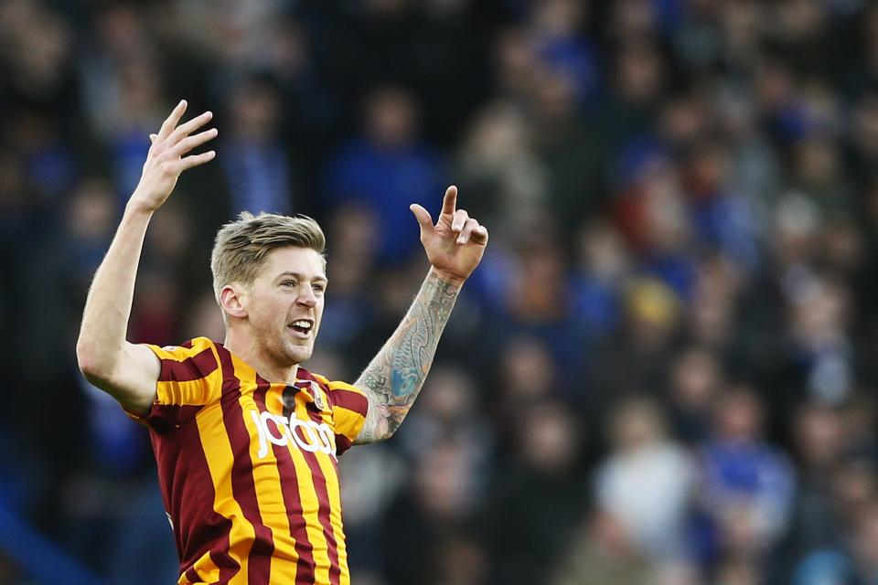 Bradford City's Jon Stead celebrates after scoring against Chelsea during their FA Cup fourth round soccer match at Stamford Bridge in London January 24, 2015. REUTERS/Stefan Wermuth (BRITAIN - Tags: SPORT SOCCER)