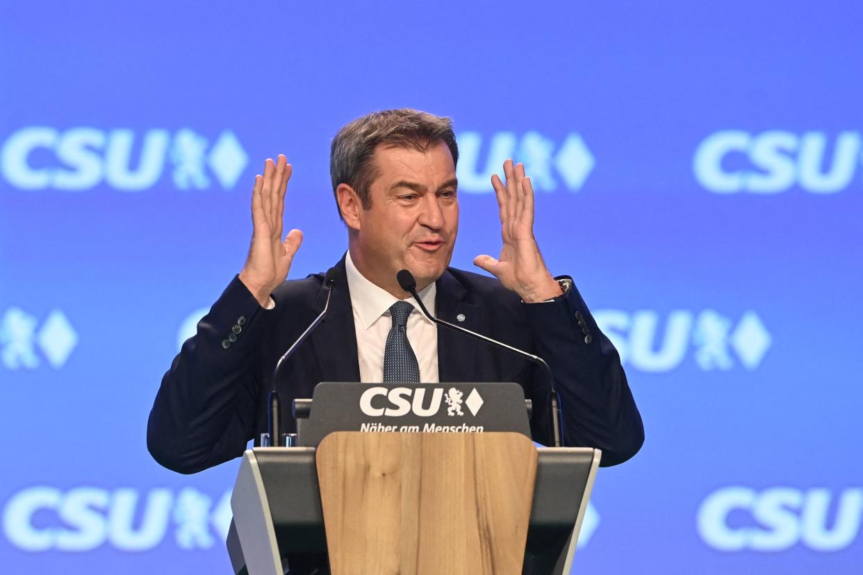 Markus Soeder, Bavarias State Premier and leader of the Christian Social Union (CSU) gestures as he speaks at the CSU party congress in Nuremberg, southern Germany, on September 10, 2021. (Photo by CHRISTOF STACHE / AFP) (Photo by CHRISTOF STACHE/AFP via Getty Images)