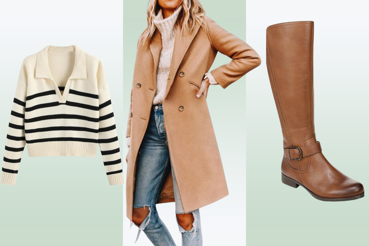 collage with a sweater, a model in a coat and a knee high boot