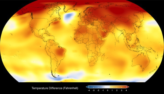Global temperatures compared to the average, with yellows and reds showing warmer temperatures.