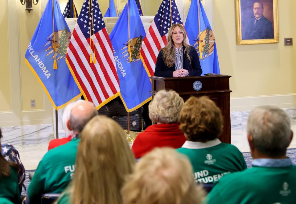 Sen. Ally Seifried speaks Wednesday during a "Parental Power" school choice rally at the state Capitol.