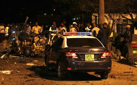 A general view shows the scene of an explosion outside the Pangani police station in the capital Nairobi April 23, 2014. REUTERS/Thomas Mukoya