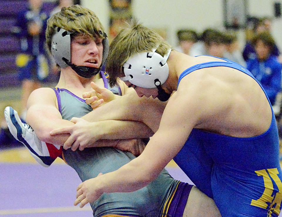 Watertown's Weston Everson tries to take down Aberdeen Central's Rayden Zens at 126 pounds during an Eastern South Dakota Conference wrestling triangular on Thursday, Jan. 26, 2023 in the Watertown Civic Arena.