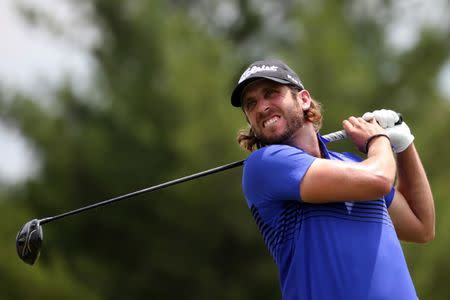 Jul 2, 2017; Potomac, MD, USA; Andrew Loupe tees off on the second hole during the final round of the Quicken Loans National golf tournament at TPC Potomac at Avenel Farm. Mandatory Credit: Peter Casey-USA TODAY Sports