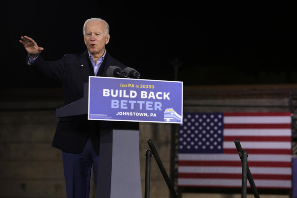 Democratic U.S. presidential nominee Joe Biden speaks during a campaign stop outside Johnstown Train Station September 30, 2020 in Johnstown, Pennsylvania.  / Credit: Alex Wong / Getty Images