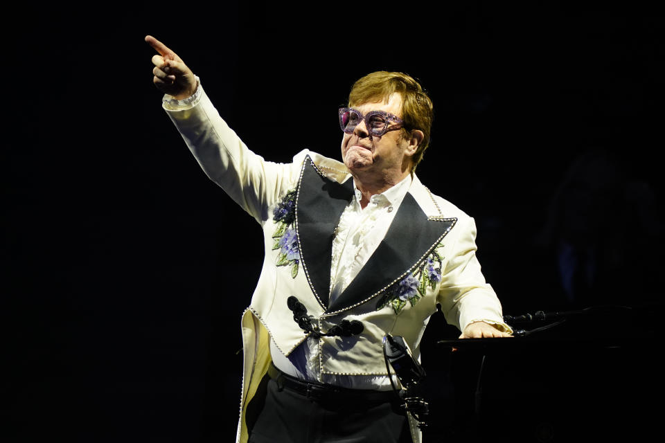 Elton John performs during his "Farewell Yellow Brick Road," tour, Friday, July 15, 2022, at Citizens Bank Park in Philadelphia. (AP Photo/Matt Rourke)