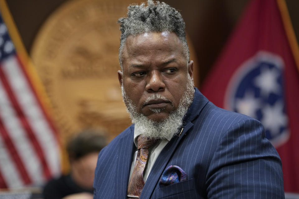 FILE - Rep. Antonio Parkinson, D-Memphis, stands in a House committee meeting during special session of the state legislature on public safety Wednesday, Aug. 23, 2023, in Nashville, Tenn. Tennessee could lift its requirement that people with a felony conviction must get their gun rights restored if they want the ability to vote again under a bipartisan bill that has begun progressing late in the legislative calendar. (AP Photo/George Walker IV, File)