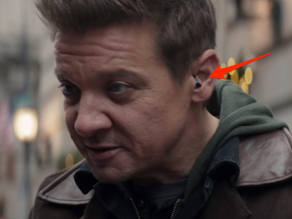 Jeremy Renner wearing a hearing aid as Clint Barton on "Hawkeye."