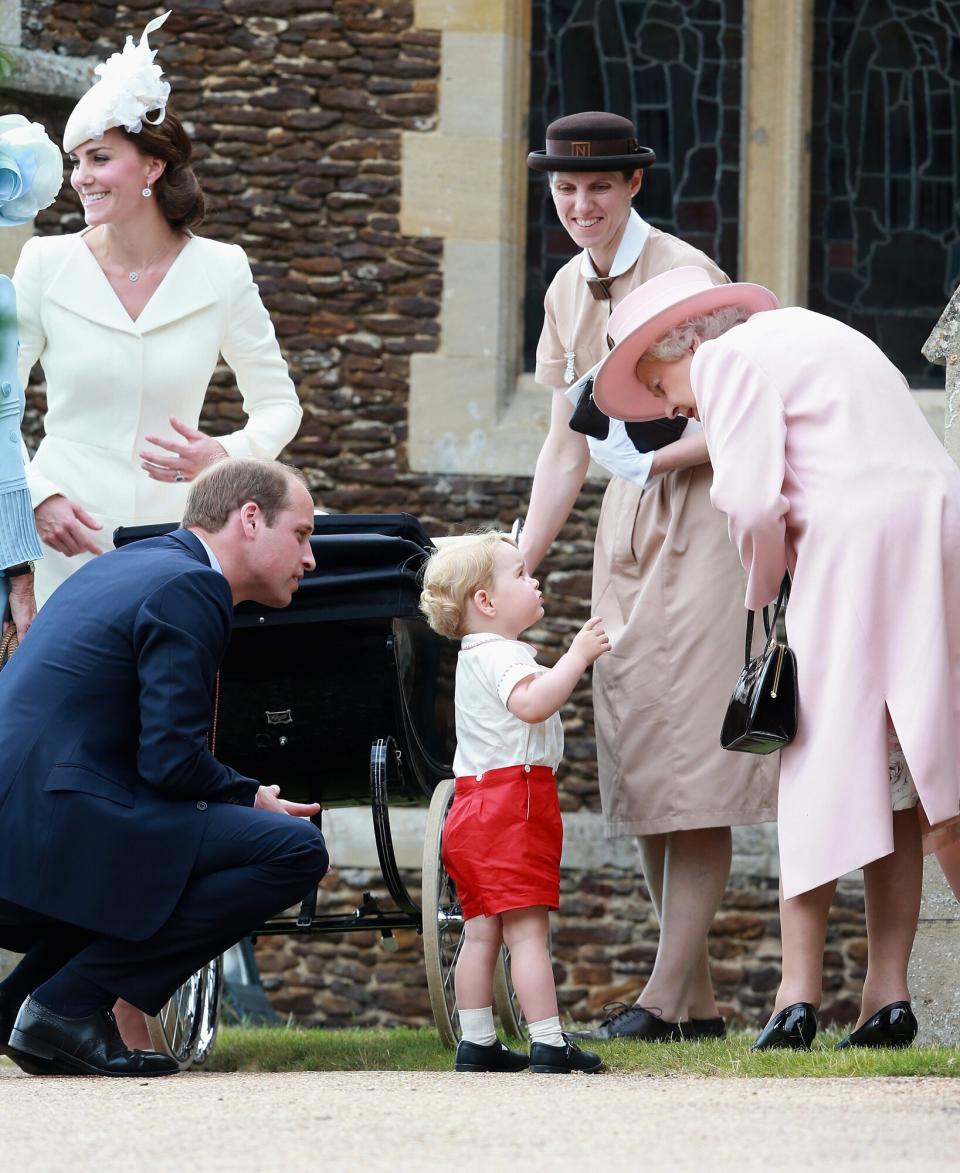 Catherine, Duchess of Cambridge, Prince William, Duke of Cambridge, Princess Charlotte of Cambridge and Prince George of Cambridge, Queen Elizabeth II and Prince George's nanny, Maria Teresa Turrion Borrallo leave the Church of St Mary Magdalene on the Sandringham Estate for the Christening of Princess Charlotte of Cambridge on July 5, 2015 in King's Lynn, England.