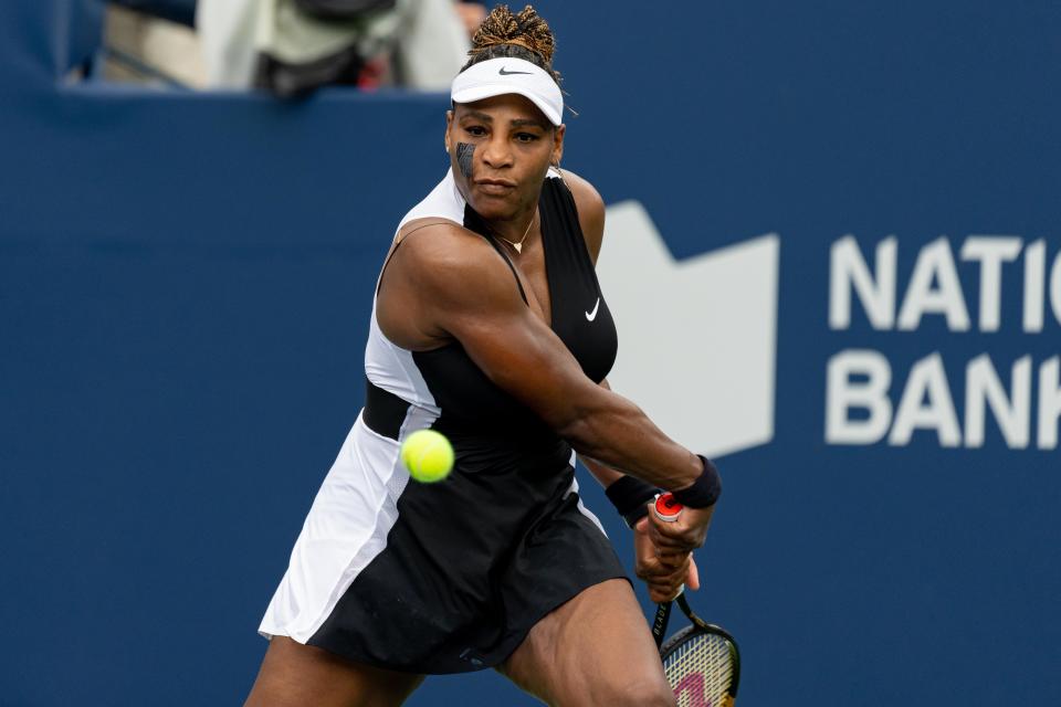 TORONTO, ON - AUGUST 08: Serena Williams returns the ball during her National Bank Open tennis tournament first round match on August 8, 2022, at Sobeys Stadium in Toronto, ON, Canada. (Photo by Julian Avram/Icon Sportswire via Getty Images via Getty Images)