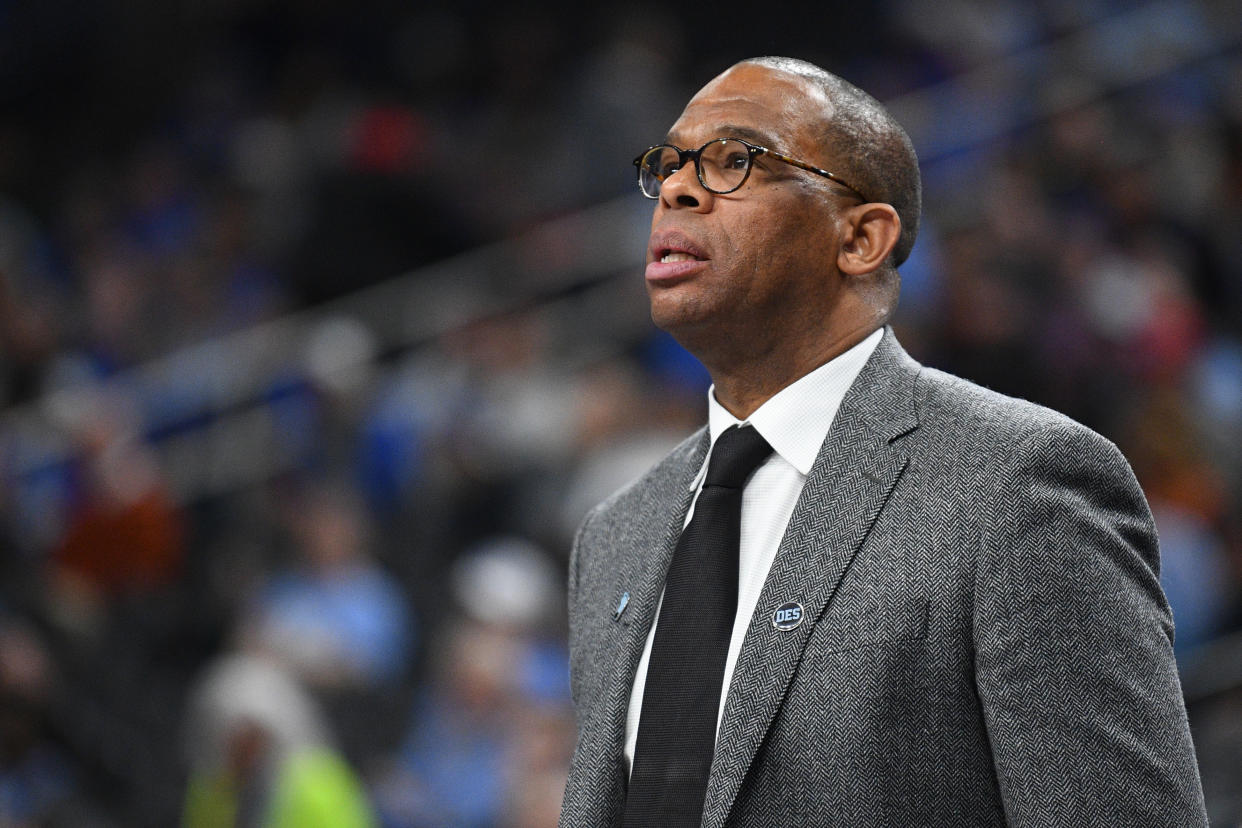 LAS VEGAS, NV - DECEMBER 21: University of North Carolina Assistant Coach Hubert Davis looks on during the CBS Sports Classic between the UCLA Bruins and the North Carolina Tar Heels on December 21, 2019, at the T-Mobile Arena in Las Vegas, NV. (Photo by Brian Rothmuller/Icon Sportswire via Getty Images)