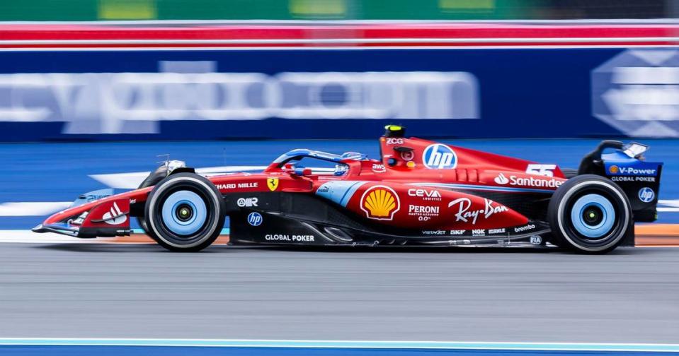 Scuderia Ferrari driver Carlos Sainz Jr. of Spain takes turn 1 during a practice session on the first day of the Formula One Miami Grand Prix.