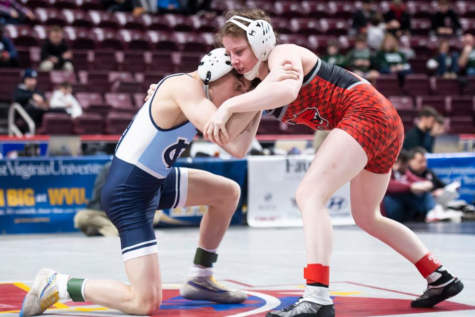 Northwestern's Sierra Chiesa wrestles Central Valley's Antonio Boni in a 107-pound first round bout at the PIAA Class 2A Wrestling Championships at the Giant Center on March 9, 2023, in Derry Township. Boni won by decision, 6-5.