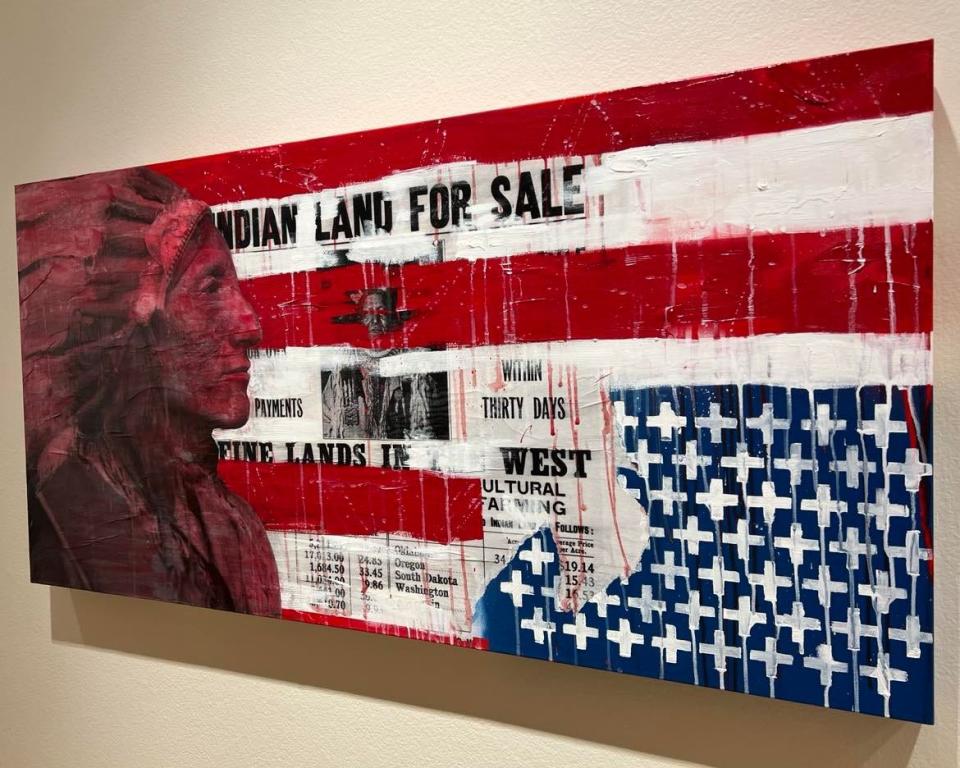 "Un-settling: A Story of Land Removal and Resistance" is a new exhibit at the Massillon Museum continuing through May 22. This piece by Native American artist Gregg Deal is titled, "Indian Land for Sale."