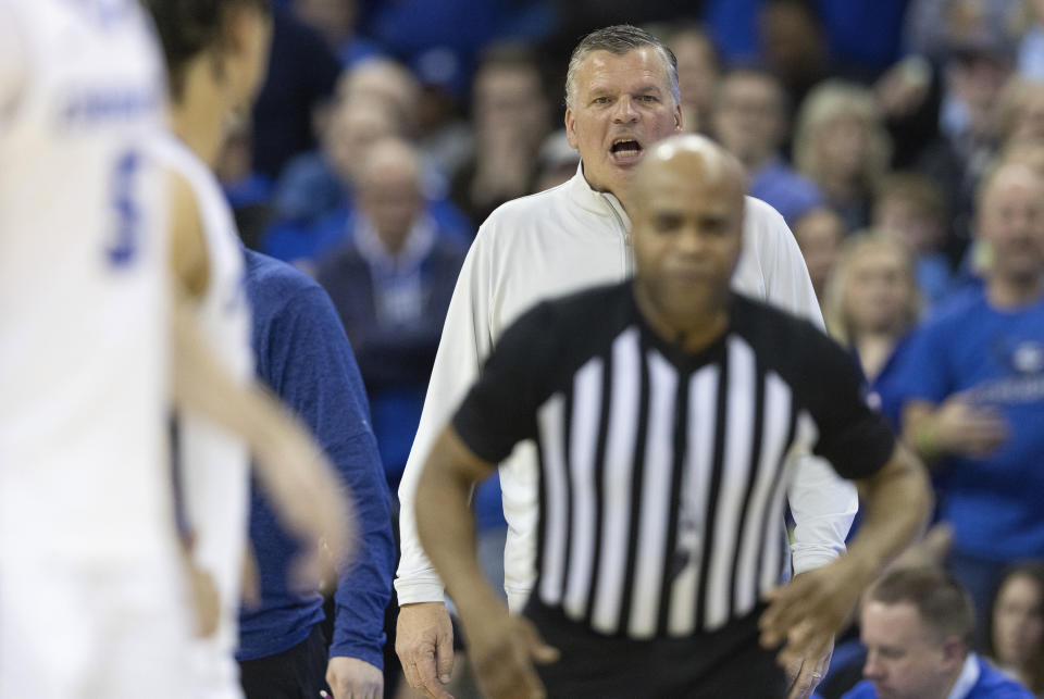 Creighton head coach Greg McDermott yells at a referee after calling a foul against his team with one second remaining against Marquette during the second half of an NCAA college basketball game on Tuesday, Feb. 21, 2023, in Omaha, Neb. Marquette defeated Creighton 73-71. (AP Photo/Rebecca S. Gratz)