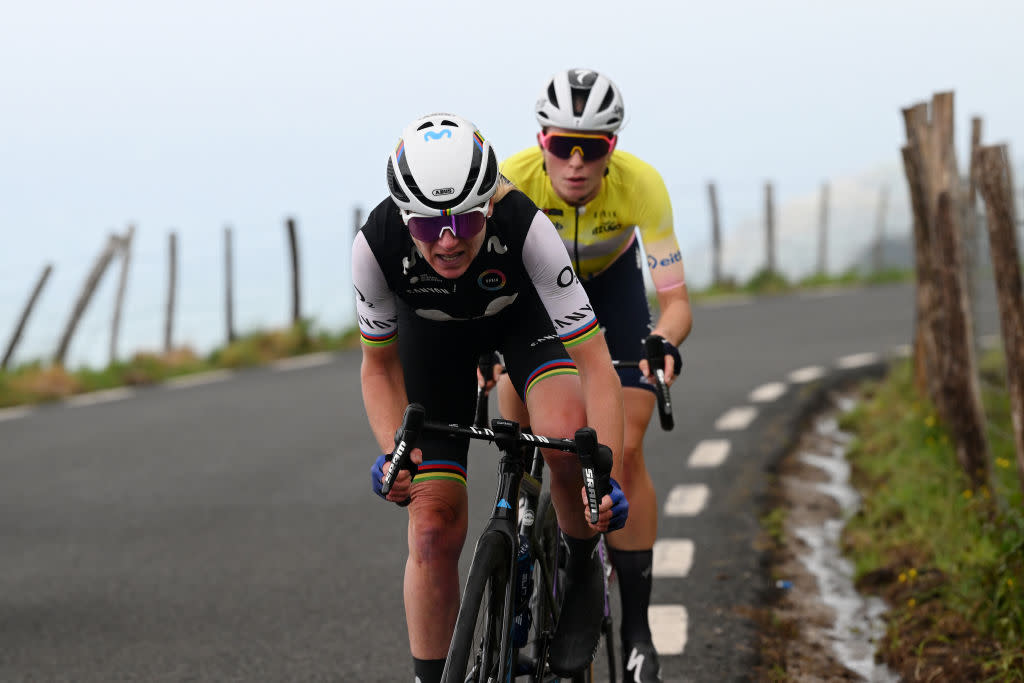  Annemiek van Vleuten (Movistar) pushes to try and distance race leader Demi Vollering (SD Worx) on the final stage of Itzulia Women 2023 