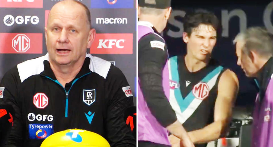 Port Adelaide coach Ken Hinkley admits his side made a mistake by playing Connor Rozee after the skipper aggravated a previous hamstring injury. Pic: Seven
