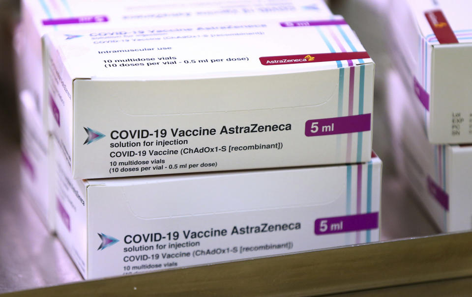 FILE - In this Saturday Jan. 2, 2021 file photo, doses of the COVID-19 vaccine developed by Oxford University and U.K.-based drugmaker AstraZeneca arrive at the Princess Royal Hospital in Haywards Heath, England. Britain races to vaccinate more than 15 million people by mid-February, and in an effort to ensure vaccines get to the right places at the right times, along with the syringes, alcohol swabs and protective equipment needed to administer them, the government has called in the army. (Gareth Fuller/Pool via AP, File)