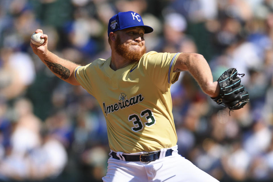 Kansas City Royals' Will Klein throws during the second inning of the MLB All-Star Futures baseball game Saturday, July 8, 2023, in Seattle. (AP Photo/Caean Couto)