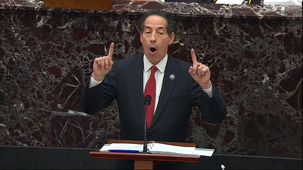 In this image from video, House impeachment manager Rep. Jamie Raskin, D-Md., speaks during the second impeachment trial of former President Donald Trump in the Senate at the U.S. Capitol in Washington, Tuesday, Feb. 9, 2021. (Senate Television via AP)