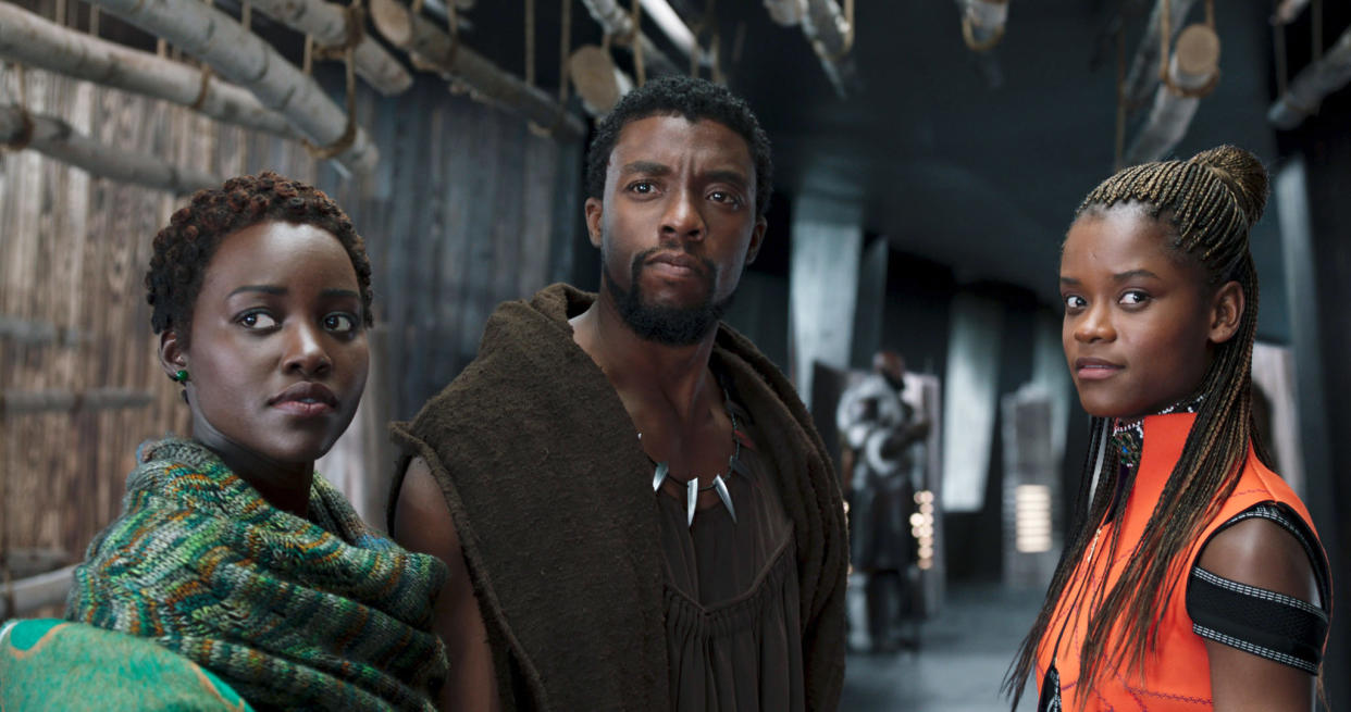 BLACK PANTHER, from left: Lupita Nyong'o, Chadwick Boseman, Letitia Wright, 2018. © Marvel / © Walt Disney Studios Motion Pictures /Courtesy Everett Collection