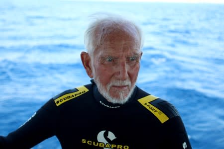 Ray Woolley, diver and World War Two veteran, is seen before breaking a new diving record as he turns 96 by taking the plunge at the Zenobia, a cargo ship wreck off the Cypriot town of Larnaca