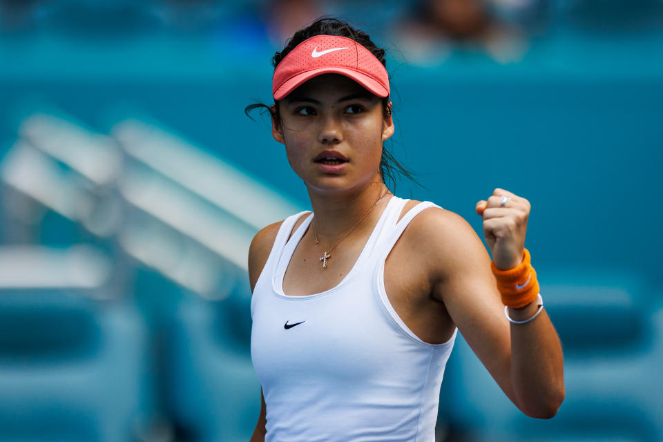 Emma Raducanu, pictured here in action against Katerina Siniakova at the Miami Open.