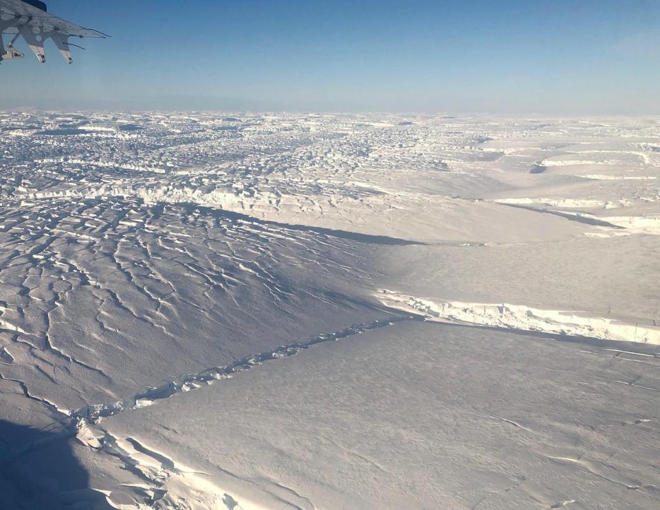 From above, fractures are evident in the Thwaites Glacier. Ted Scambos