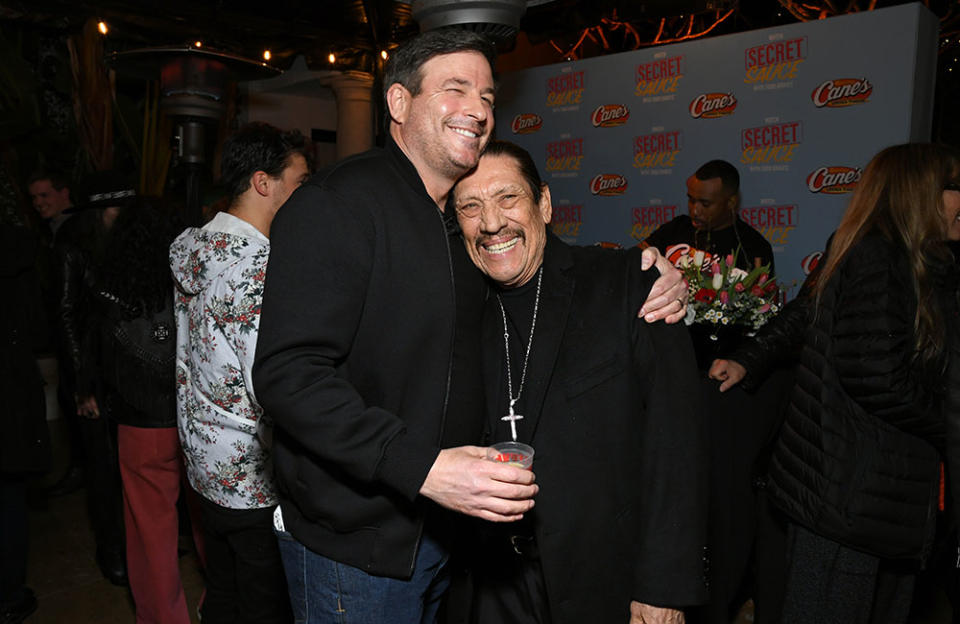 (L-R) CEO of Raising Cane's Chicken Fingers Todd Graves and Danny Trejo attend the Raising Cane's "Secret Sauce With Todd Graves" Premiere on February 28, 2023 in Los Angeles, California.