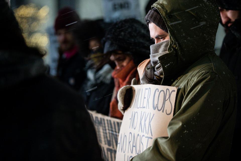 Protesters from Detroit Will Breathe, Detroit chapter of Party for Socialism and Liberation, Communist Party USA gather at the Spirit Plaza in downtown Detroit in response to the death of Tyre Nichols on Friday, Jan. 27, 2023.