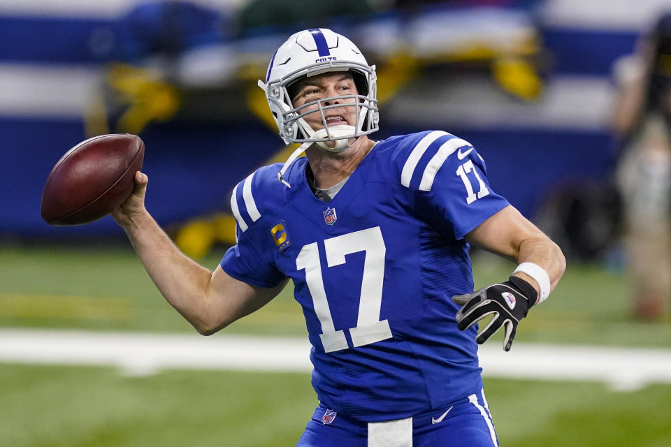 Indianapolis Colts quarterback Philip Rivers (17) throws against the Houston Texans in the first half of an NFL football game in Indianapolis, Sunday, Dec. 20, 2020. (AP Photo/Darron Cummings)