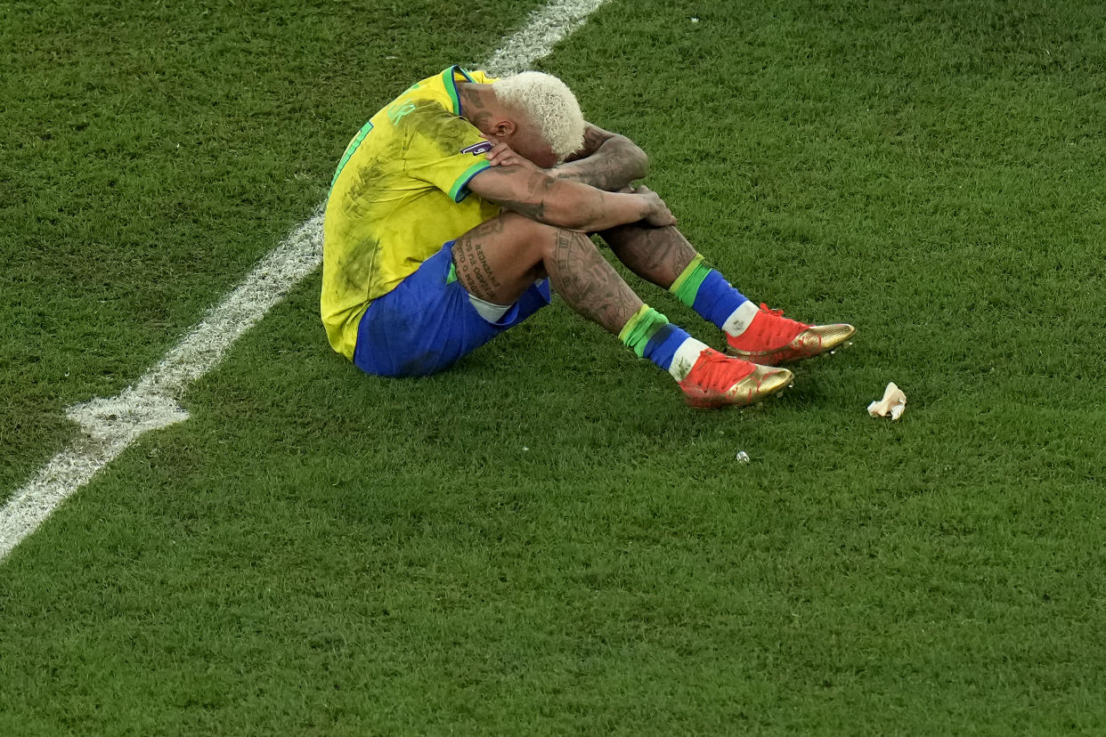 Brazil's Neymar reacts after their loss in the World Cup quarterfinal soccer match against Croatia, at the Education City Stadium in Al Rayyan, Qatar, Friday, Dec. 9, 2022. (AP Photo/Alessandra Tarantino)