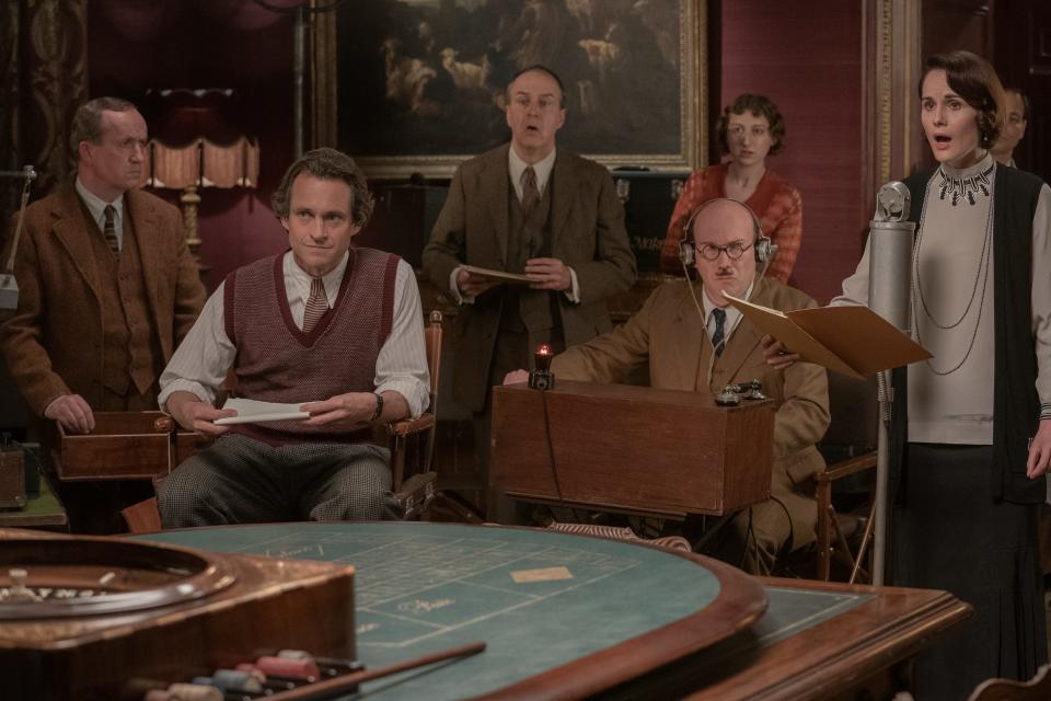 From left to right: Hugh Dancy stars as Jack Barber, Kevin Doyle as Mr. Molesley, Alex MacQueen as Mr. Stubbins and Michelle Dockery as Lady Mary in "Downton Abbey: A New Era."