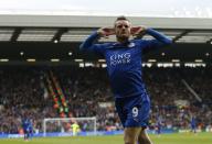 <p>Leicester City’s Jamie Vardy celebrates scoring their first goal </p>