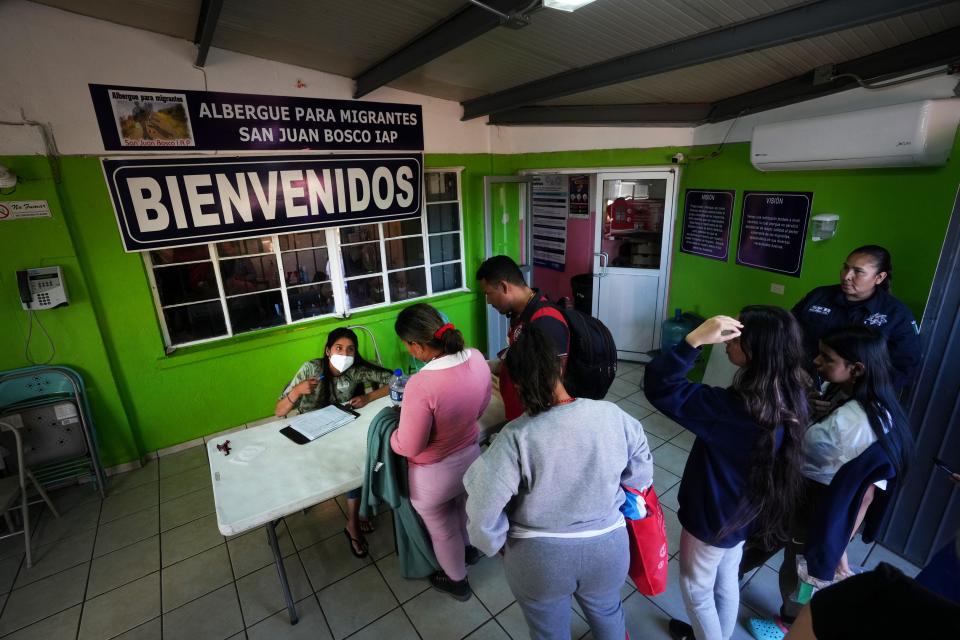 Migrants arrive at the Albergue Para Migrantes San Juan Bosco shelter in Nogales, Sonora, after being expelled from the U.S. on May 11, 2023.