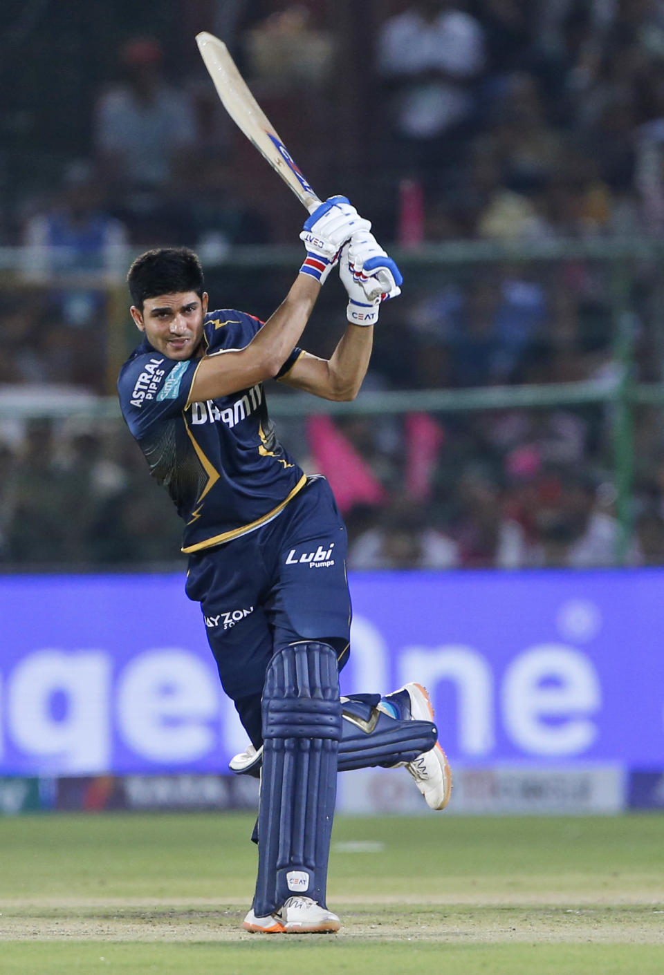Gujarat Titans' captain Shubman Gill plays a shot during the Indian Premier League cricket match between Gujarat Titans and Rajasthan Royals in Jaipur, India, Wednesday, April 10, 2024. (AP Photo/Surjeet Yadav)