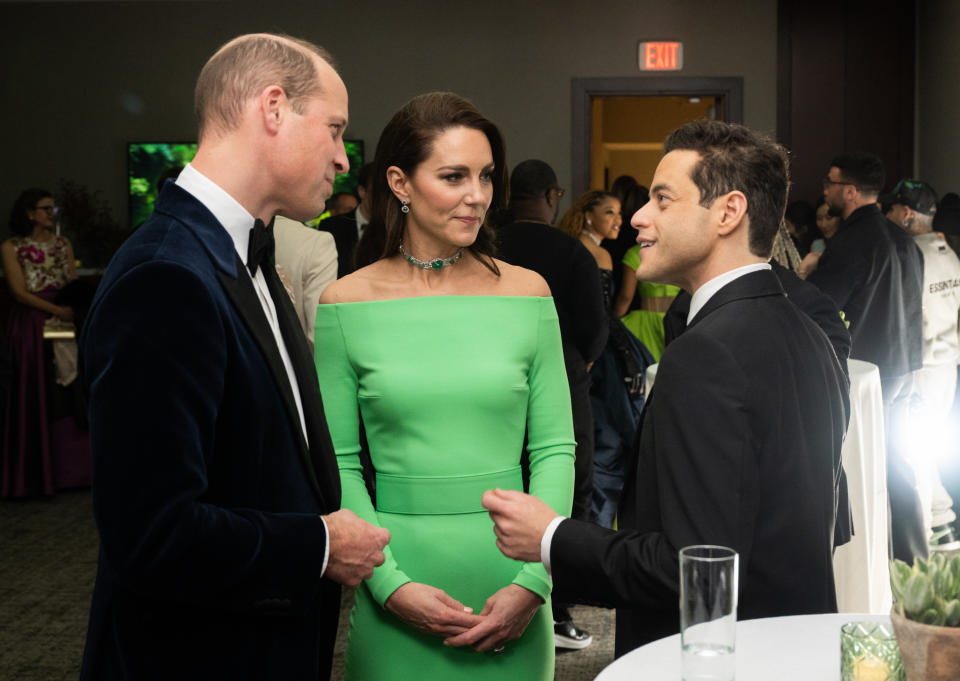 BOSTON, MASSACHUSETTS - DECEMBER 02: Prince William, Prince of Wales, Catherine, Princess of Wales and Rami Malek backstage after The Earthshot Prize 2022 at MGM Music Hall at Fenway on December 02, 2022 in Boston, Massachusetts. The Prince and Princess of Wales are visiting the coastal city of Boston to attend the second annual Earthshot Prize Awards Ceremony, an event which celebrates those whose work is helping to repair the planet. During their trip, which will last for three days, the royal couple will learn about the environmental challenges Boston faces as well as meeting those who are combating the effects of climate change in the area. (Photo by Samir Hussein/WireImage)