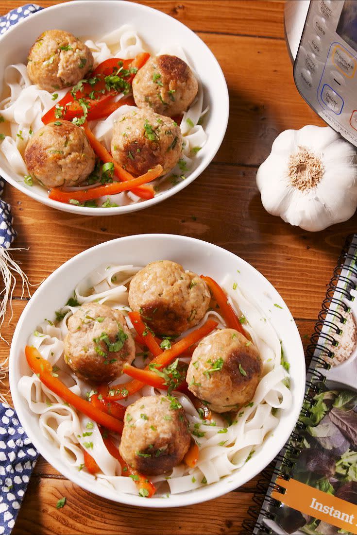 <p>A mixture of ground turkey, whole-wheat bread crumbs, Sriracha, garlic, and green onions make these meatballs KILLER.</p><p>Get the recipe from <a href="https://www.delish.com/cooking/recipe-ideas/a23318492/instant-pot-thai-turkey-meatballs-with-rice-noodles-recipe/" rel="nofollow noopener" target="_blank" data-ylk="slk:Delish;elm:context_link;itc:0;sec:content-canvas" class="link ">Delish</a>. </p>