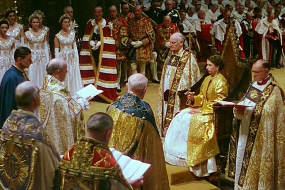 The Queen at her coronation in Westminster Abbey (Rex Features)