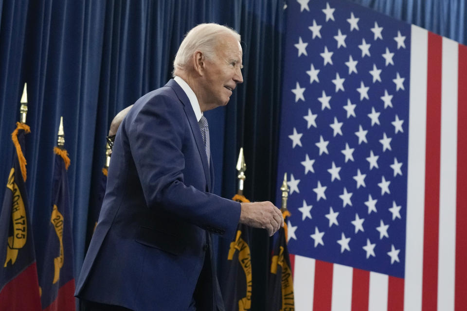 President Joe Biden walks out to speak at the Abbots Creek Community Center in Raleigh, N.C., Thursday, Jan. 18, 2024. Biden is visiting North Carolina to highlight $82 million in new spending to connect 16,000 households and businesses to high-speed internet. Biden's reelection campaign is making winning North Carolina and its 16 electoral votes a top priority in this year's presidential election. (AP Photo/Manuel Balce Ceneta)